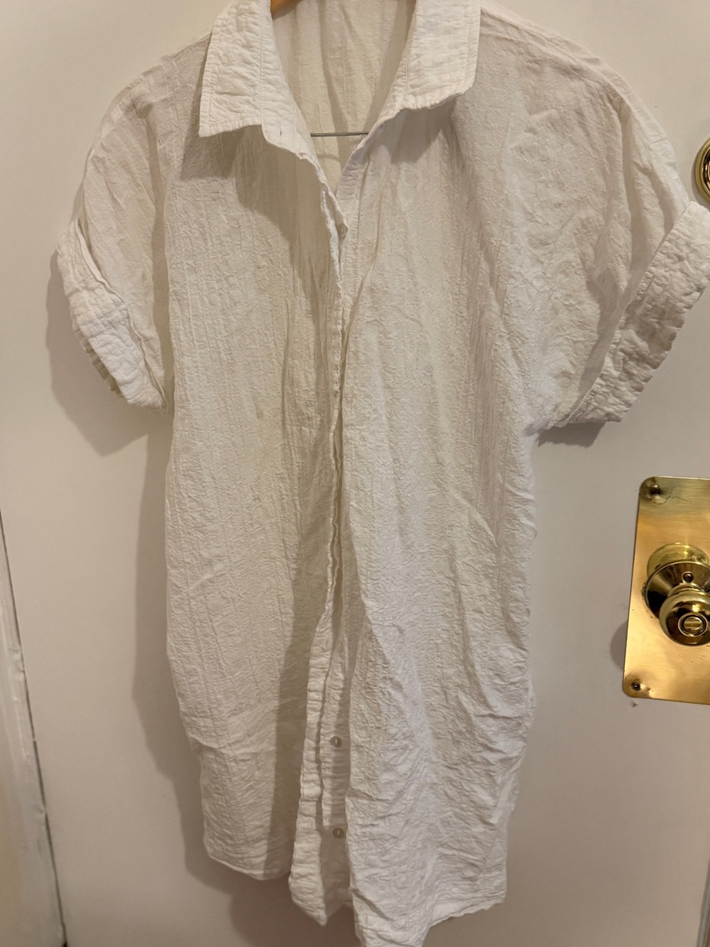 Abercrombie & Fitch White Textured Short-Sleeve Button-Down Mini Beach Dress